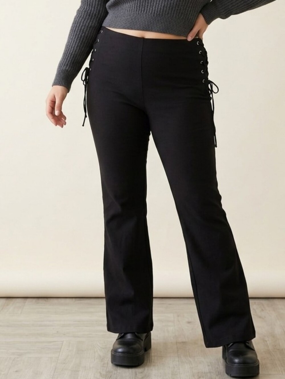 Heart Moon Star Black Lace-Up Flare Pants